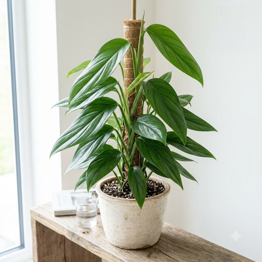 Monstera integrifolia potted in a white ceramic pot climbing a moss pole on a wooden surface