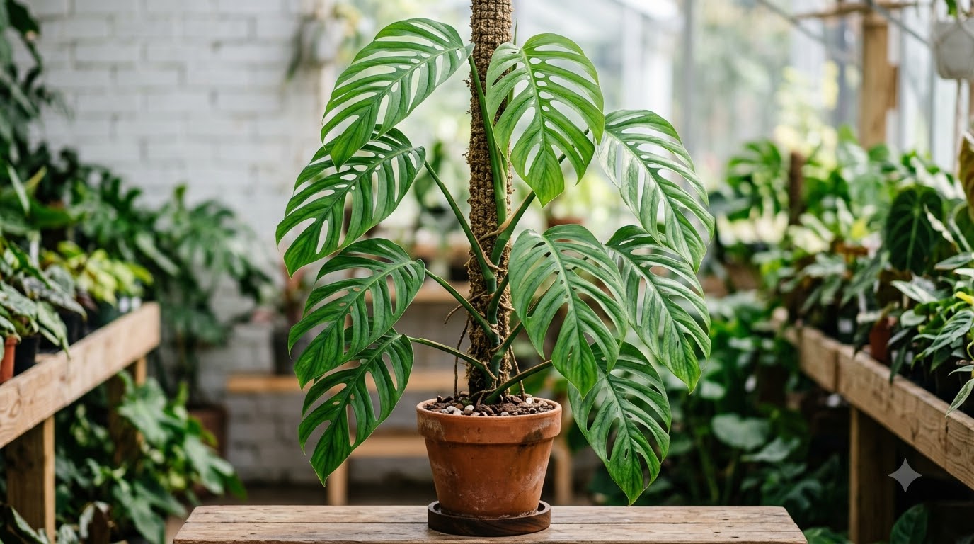 Monstera plant with large fenestrated leaves climbing a moss pole in a terracotta pot.
