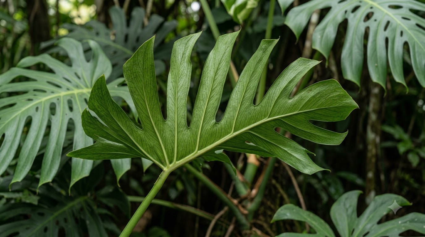 Close-up of a large green leaf with deep splits and prominent veins in a tropical setting.