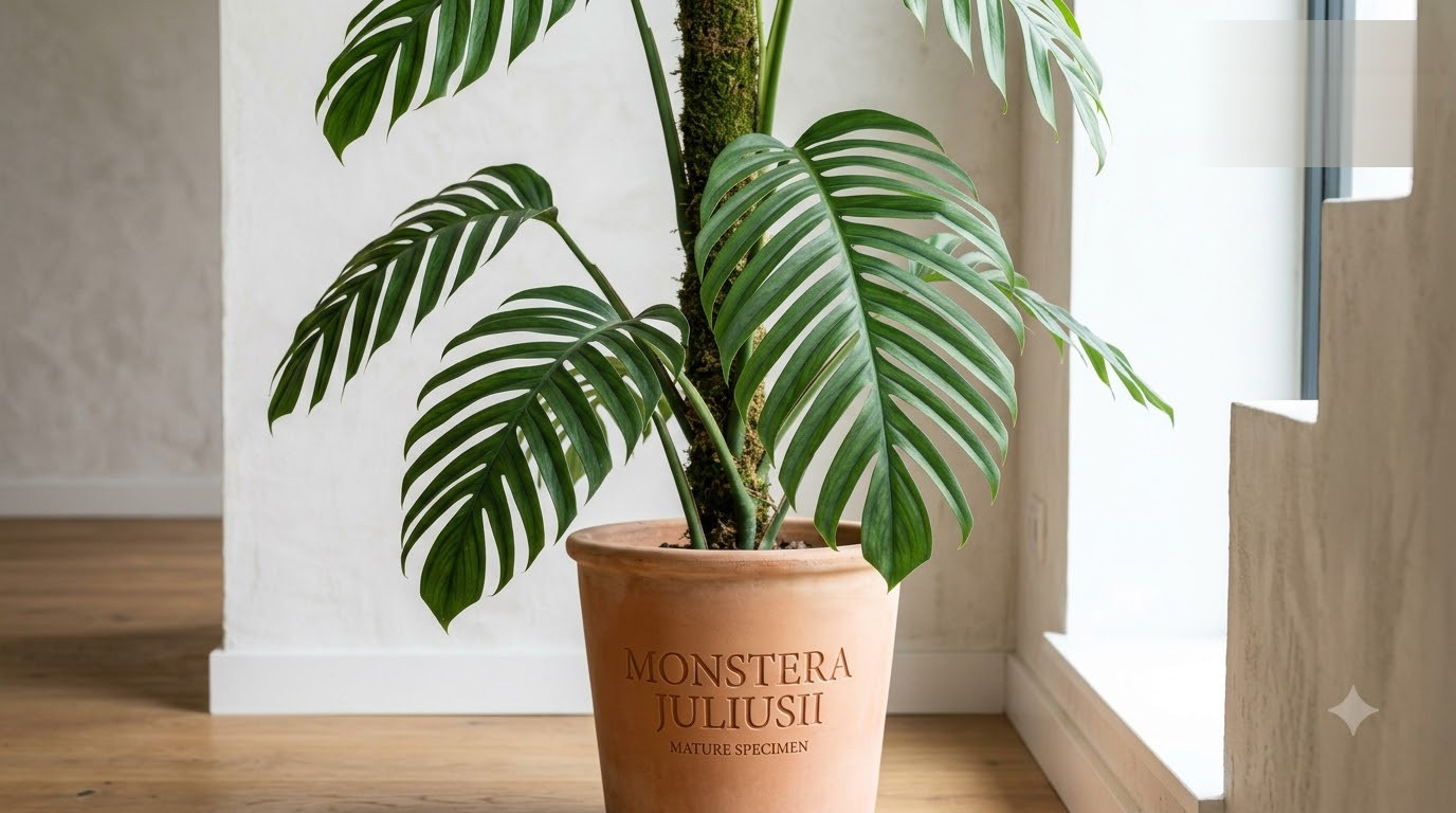 Large Monstera plant with split leaves climbing a moss pole in a terracotta pot inscribed with MONSTERA JULIUSII.