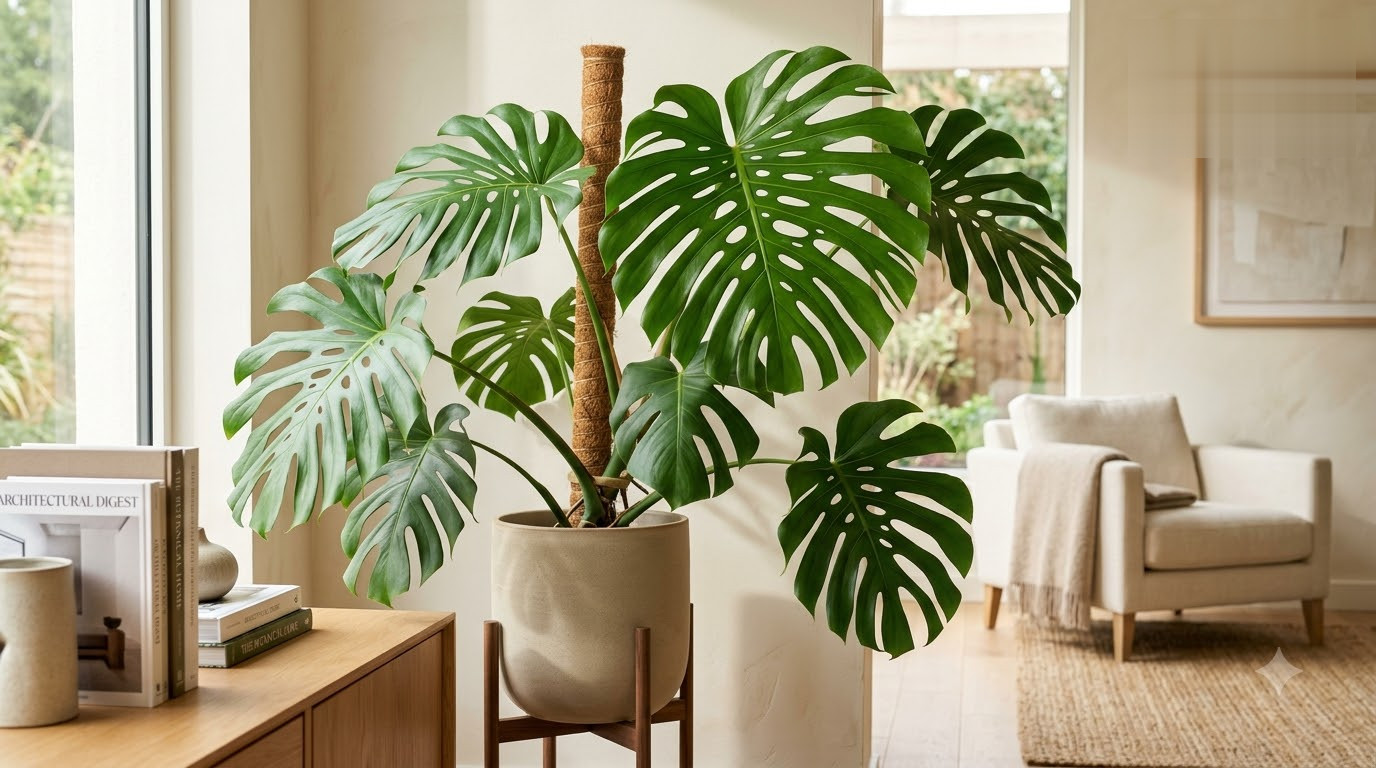 Large Monstera plant with split leaves supported by a moss pole in a ceramic pot on a wooden stand inside a bright living