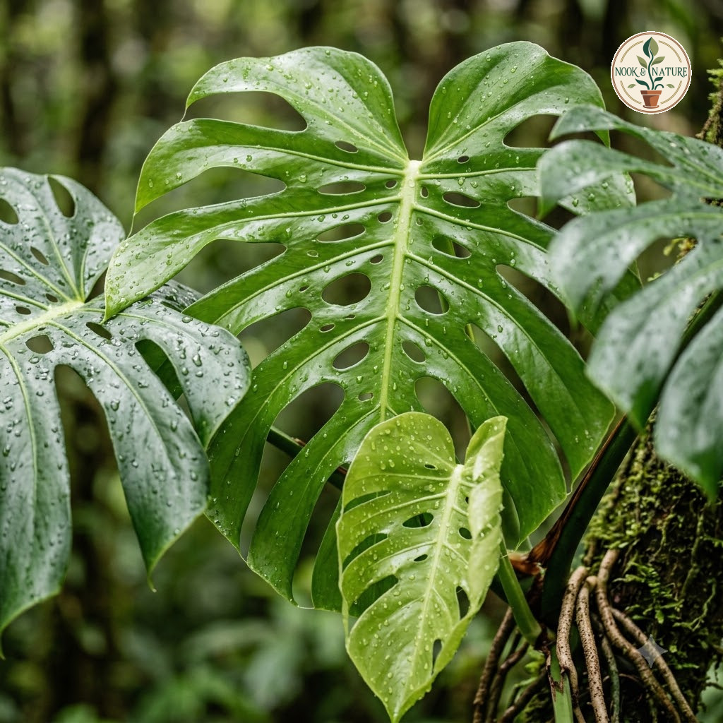 Wet, fenestrated leaves of a Monstera juliusii plant with aerial roots.