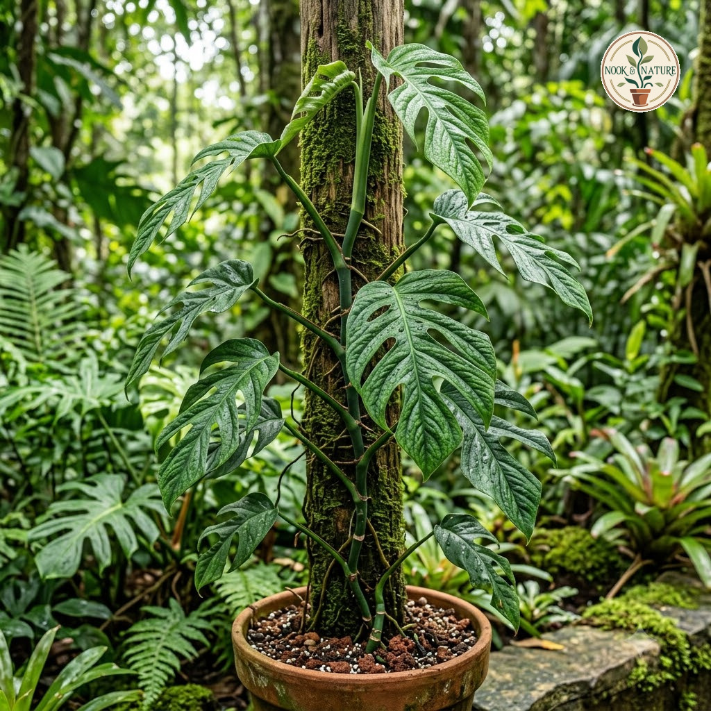 Monstera kessleri climbing a mossy pole in a pot, surrounded by tropical foliage.