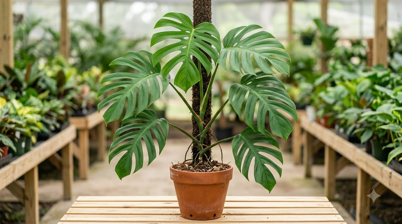 Monstera plant with split leaves supported by a moss pole in a terracotta pot on a wooden table inside a nursery.