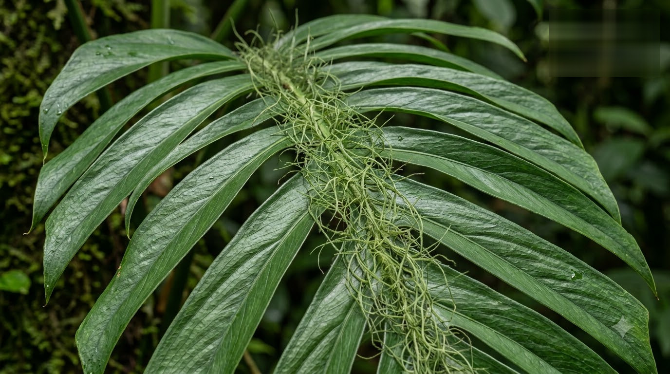 Close-up of a pinnate green leaf with fine, tangled fibers along the central stem in a natural setting.