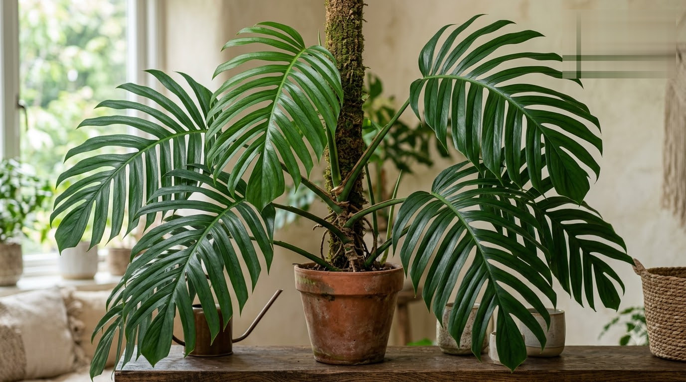 Monstera plant with large, deeply split leaves climbing a moss pole in a terracotta pot on a wooden table.