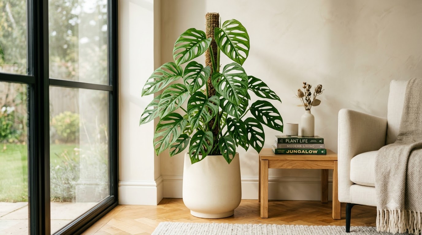 Monstera adansonii climbing a moss pole in a light pot indoors by a window.