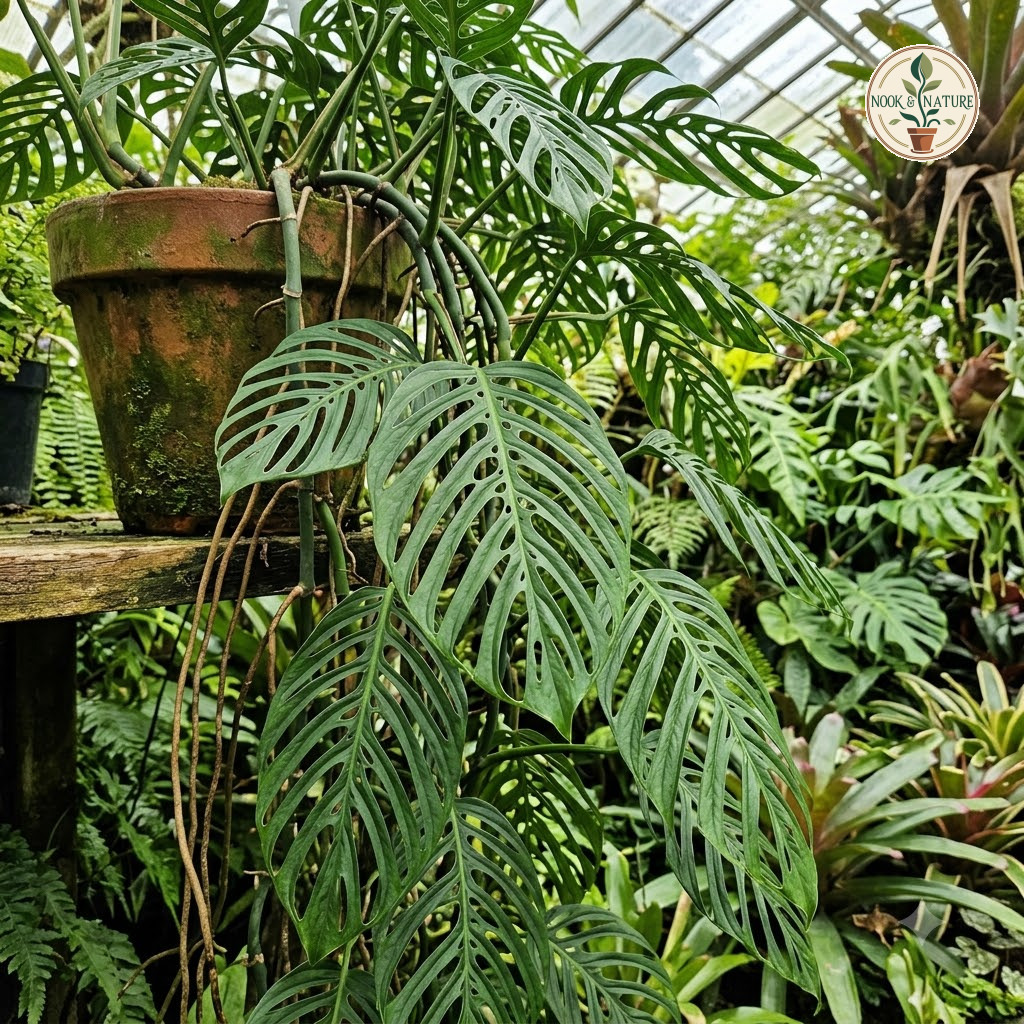 Monstera kikiae plant with fenestrated leaves in a terracotta pot in a greenhouse.