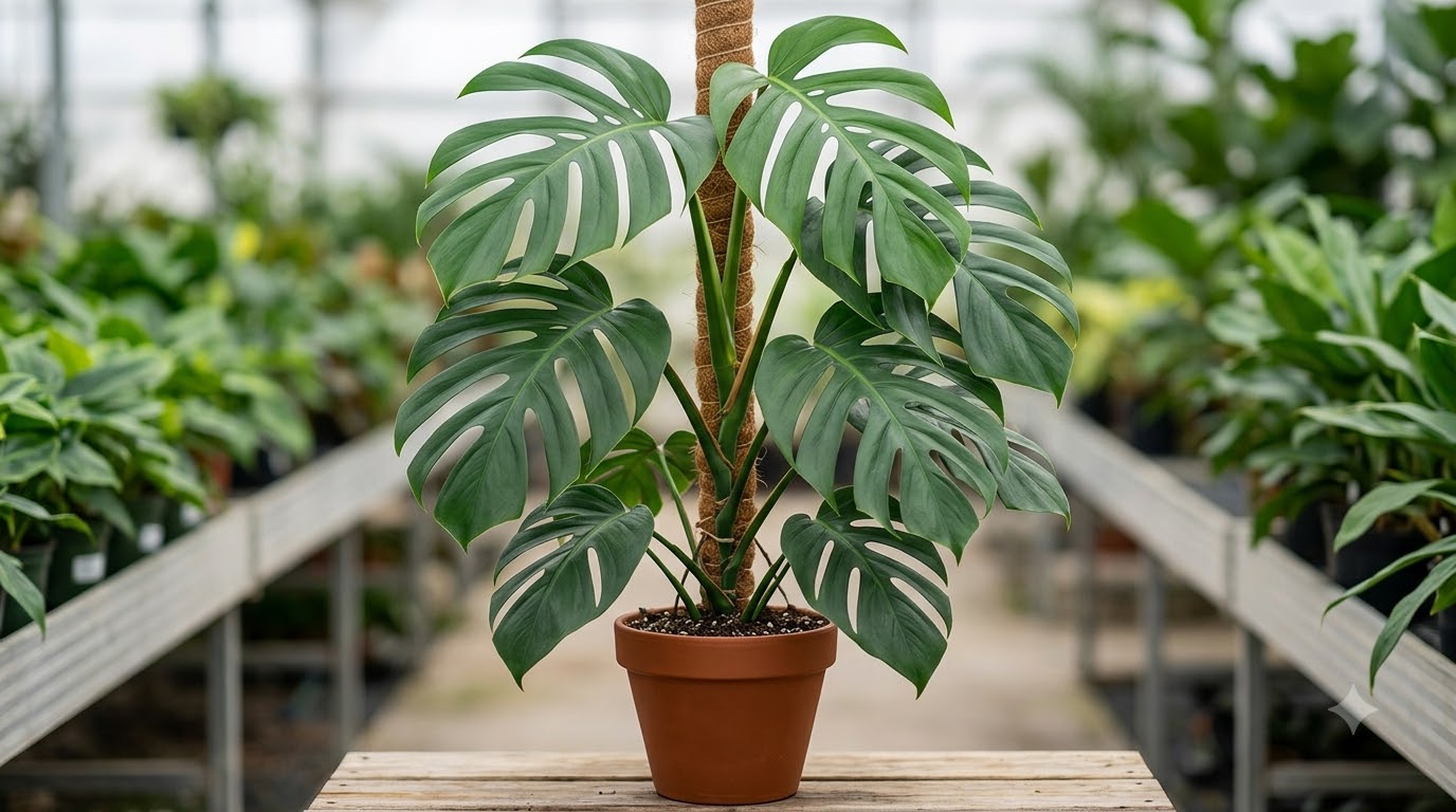 Monstera plant in a terracotta pot supported by a coir totem pole.