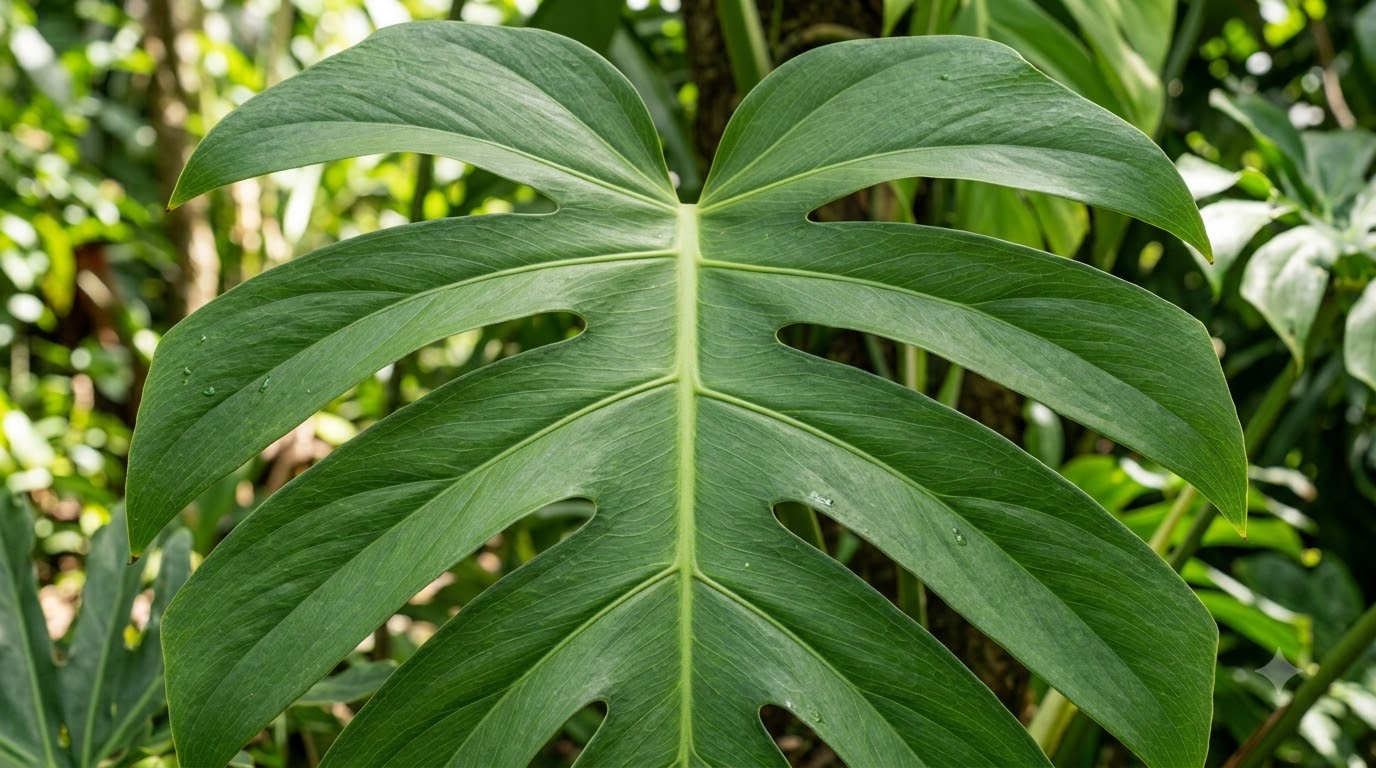 Close-up of a large, green Monstera leaf with natural split fenestrations and prominent veins.