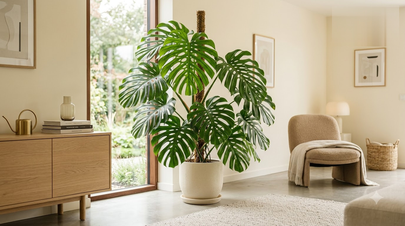 Large monstera plant in a ceramic pot supported by a moss pole in a brightly lit modern living room.