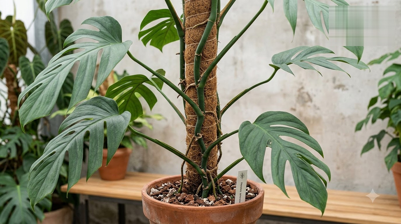 Monstera climbing a central coir pole in a terracotta pot filled with bark mulch.