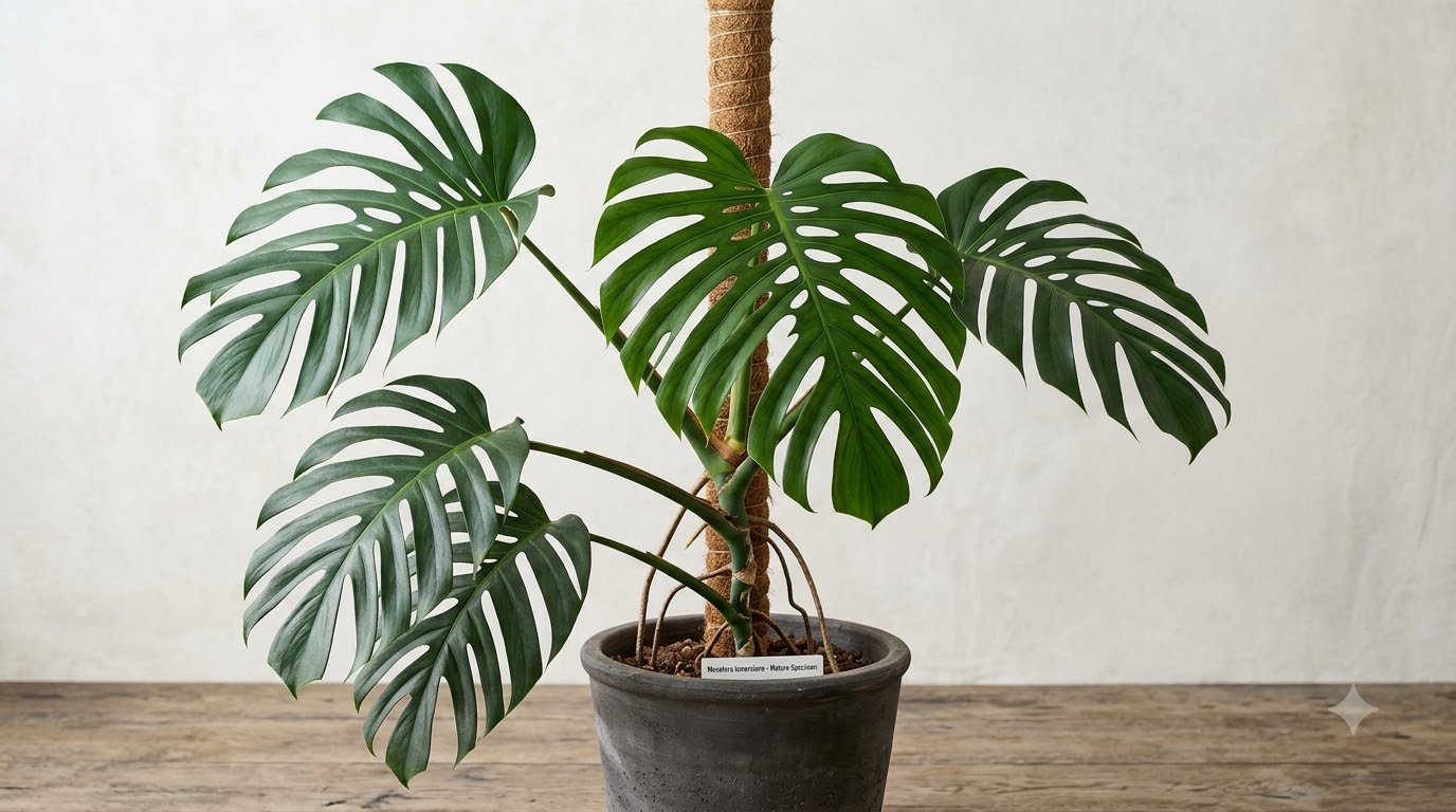 Monstera plant in a grey pot supported by a coir totem pole.