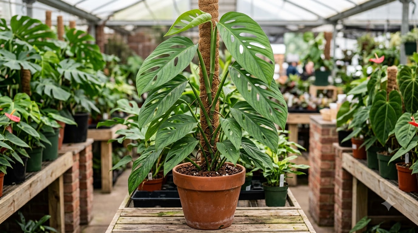 Potted Monstera plant with fenestrated leaves climbing a coir pole inside a plant nursery.