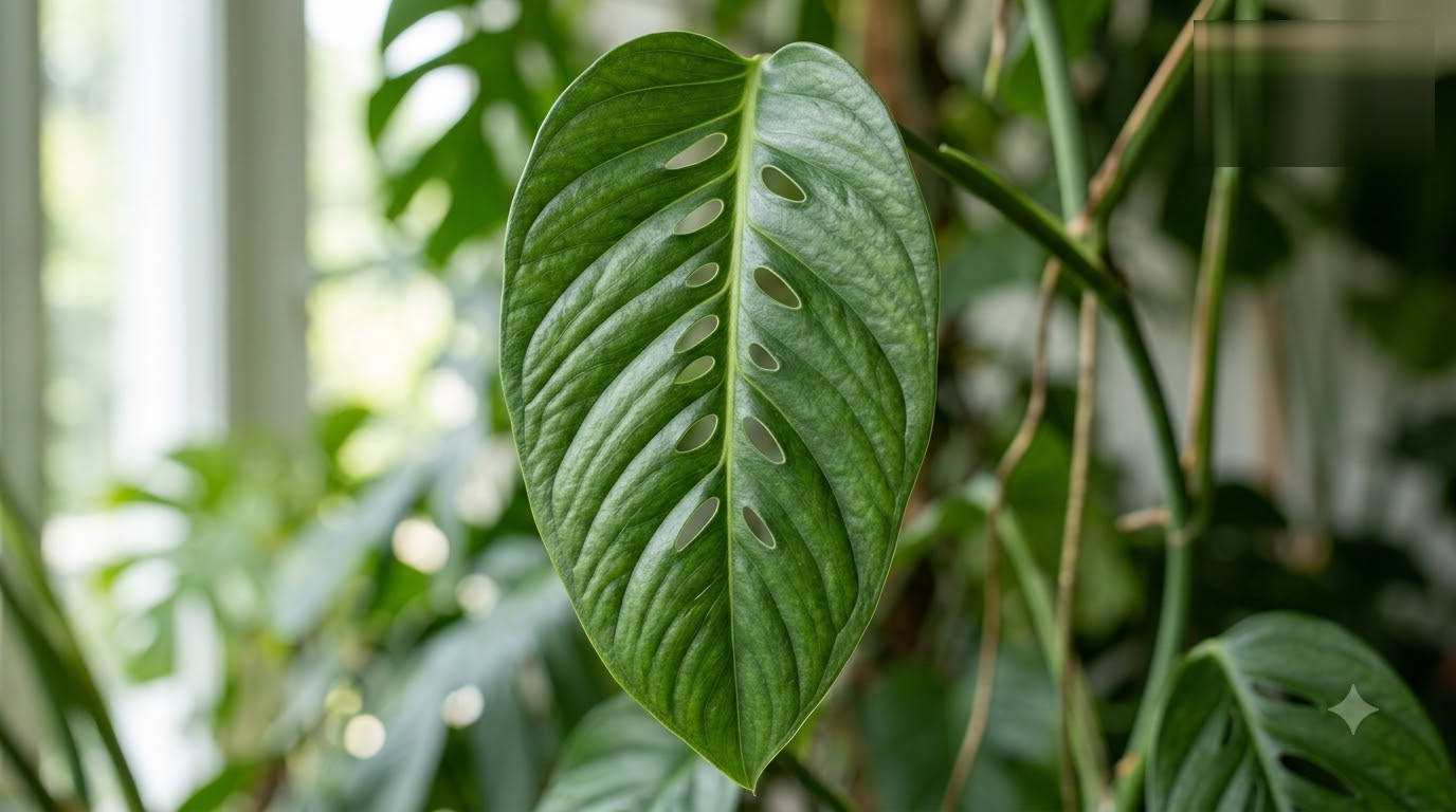 Close-up of a vibrant green Monstera leaf with natural fenestrations against a blurred indoor background.