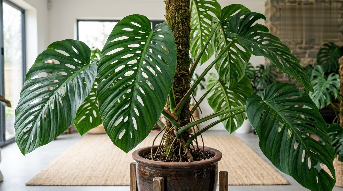 Monstera plant with large fenestrated leaves climbing a moss pole in a ceramic pot.