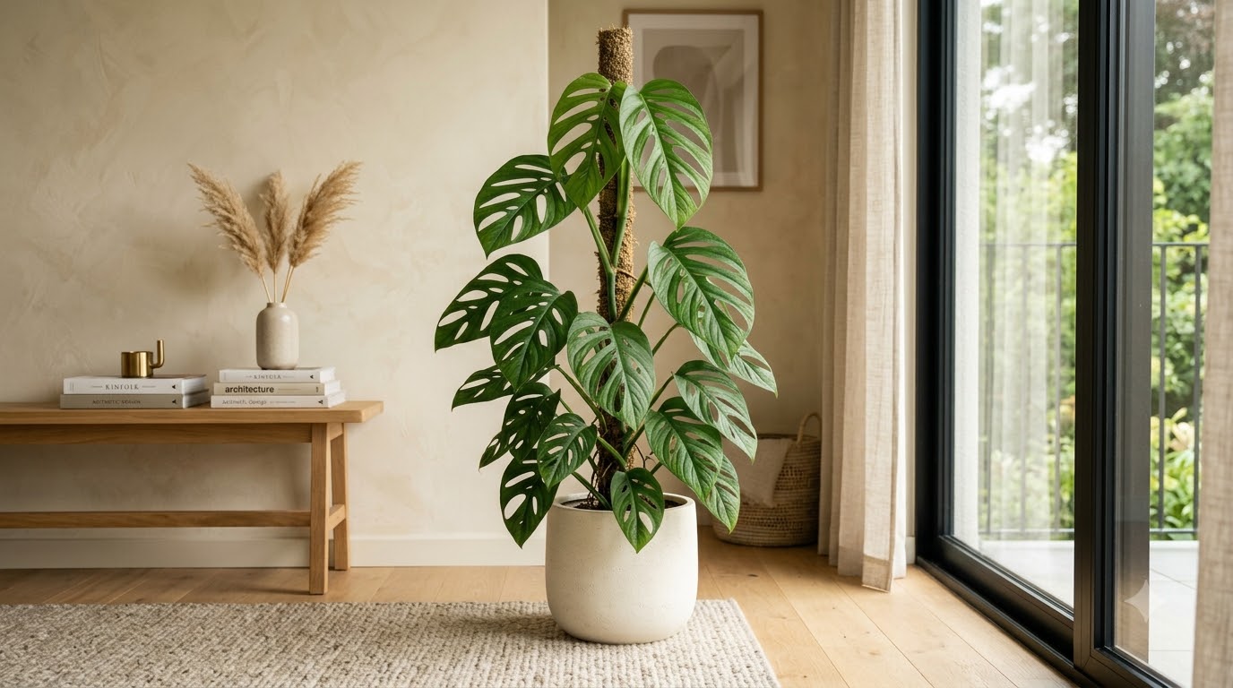 A potted Monstera plant climbing a moss pole in a bright living room.
