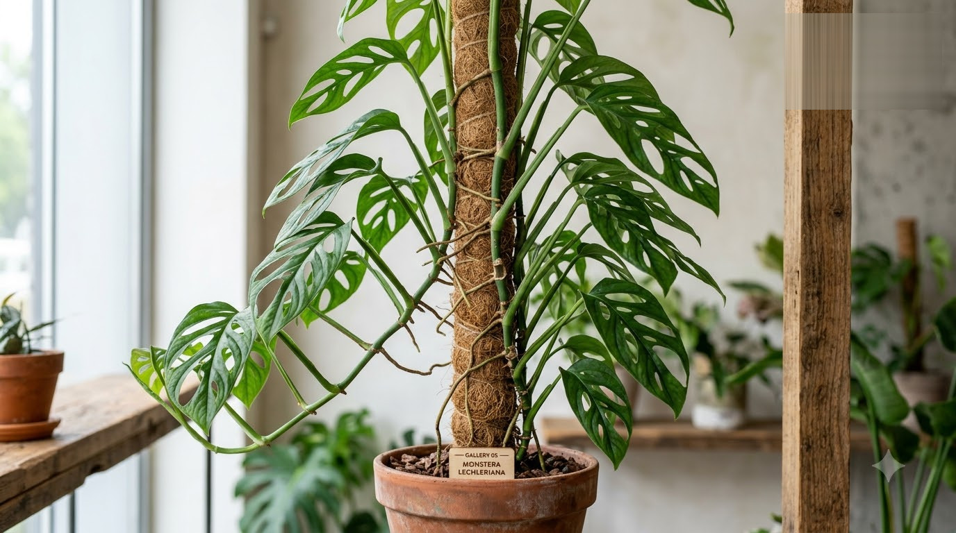 Monstera plant with fenestrated leaves climbing a coir totem pole in a terracotta pot.