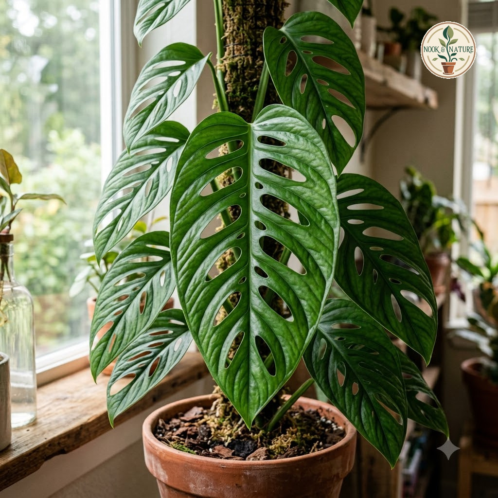 Monstera lechleriana climbing a moss pole in a terracotta pot near a window.