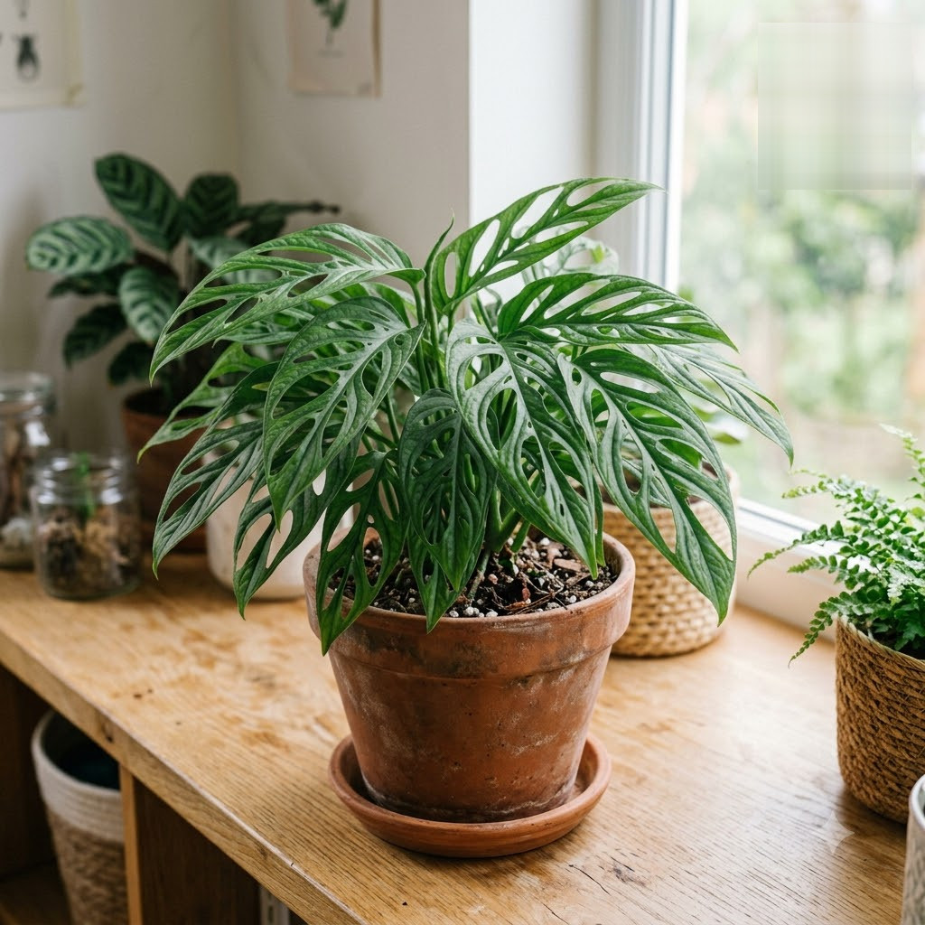 Monstera limitaris in a terracotta pot on a wooden shelf by a window