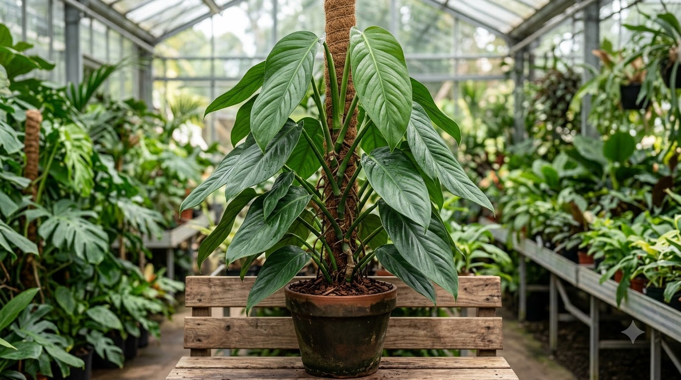 A large potted climbing plant with long green leaves supported by a moss pole inside a greenhouse.