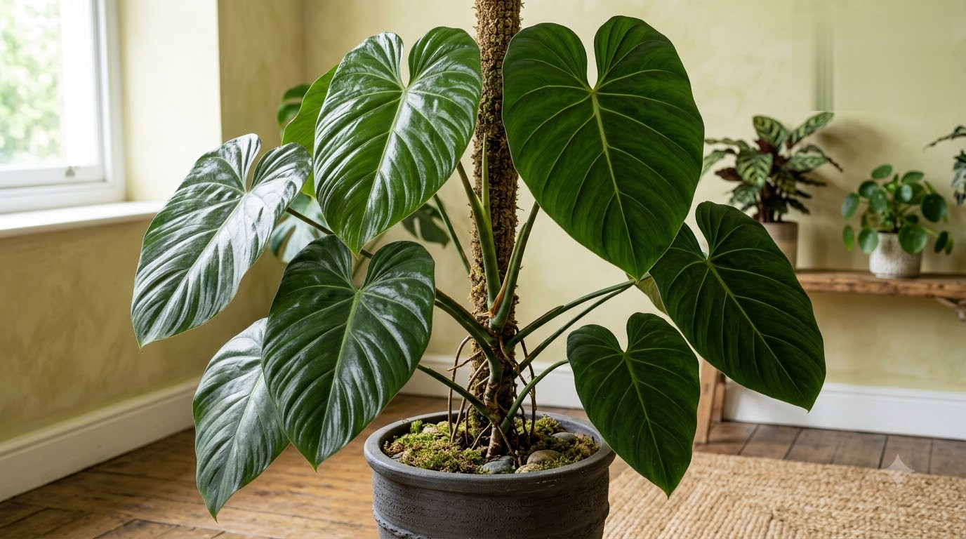 Large green-leaved plant climbing a moss pole in a grey pot inside a room.