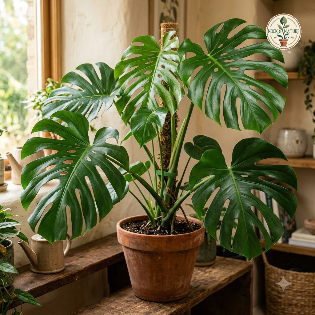 Potted Monstera maderaverde climbing a moss pole indoors near a window.
