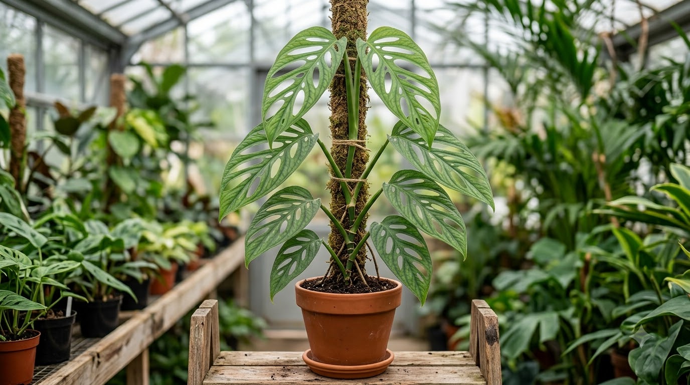 Monstera plant with fenestrated leaves growing up a moss pole in a terracotta pot inside a greenhouse