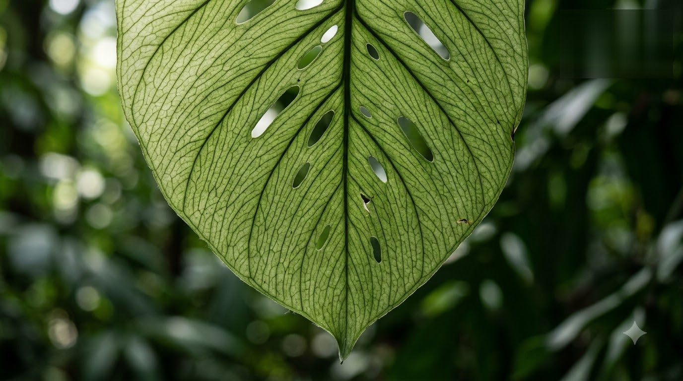 Close-up of a green monstera leaf with natural holes and prominent veins against a blurred background.