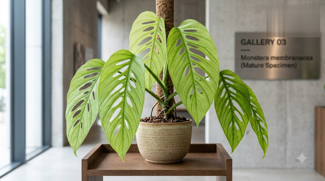 Monstera membranacea mature specimen climbing a moss pole in a ceramic pot on a wooden stand.