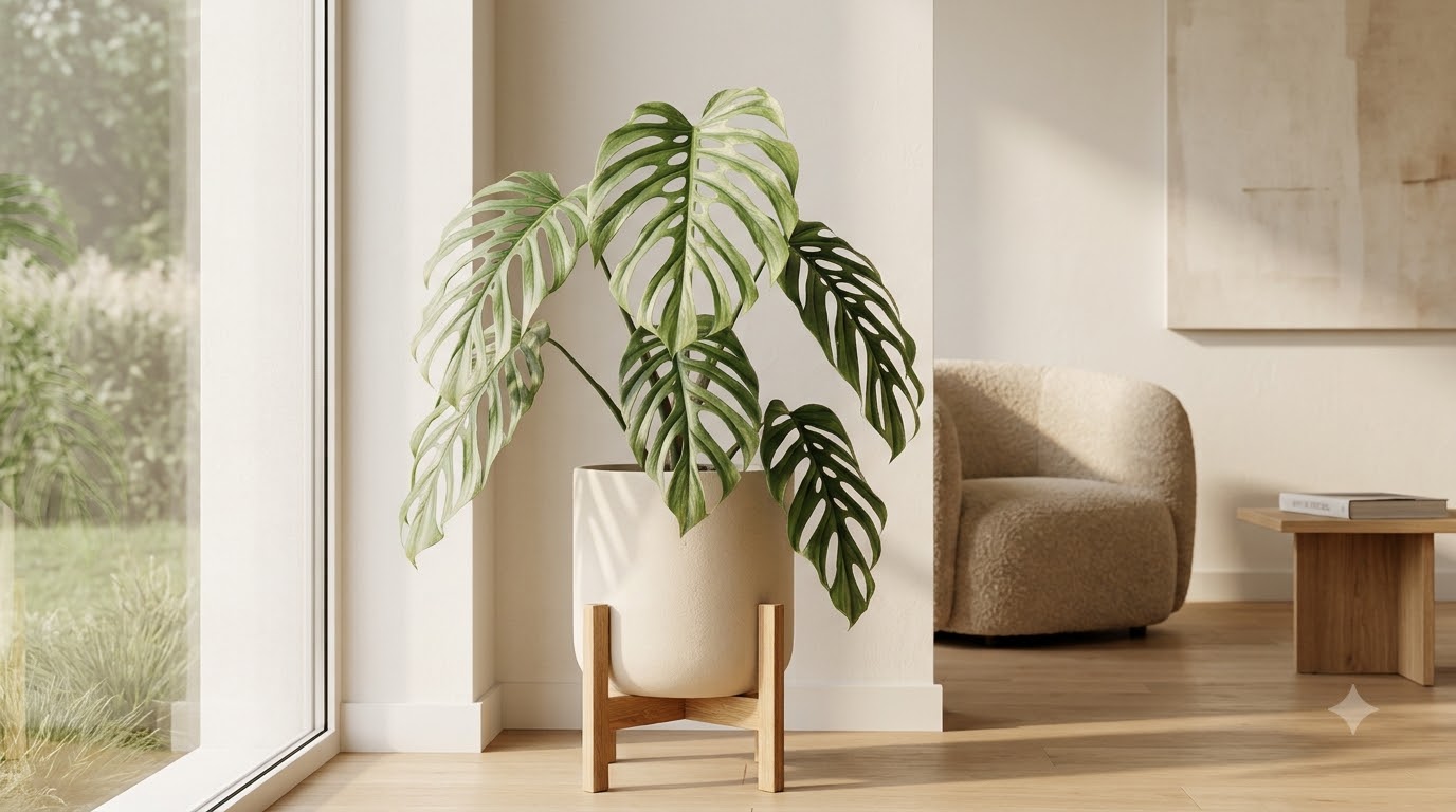 Monstera plant in a light-colored ceramic pot with a wooden stand in a brightly lit room