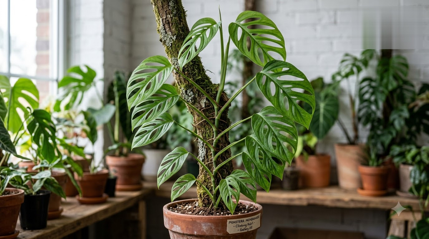 Monstera plant with fenestrated leaves climbing a moss pole in a terracotta pot.