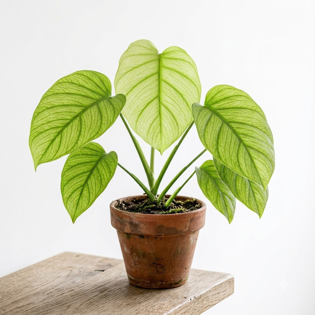 Monstera membranacea in a terracotta pot on a wooden surface against a white background.