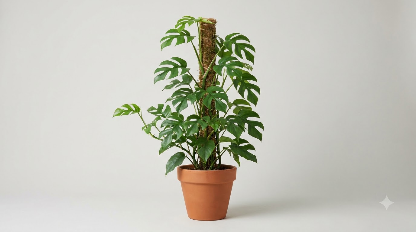 Monstera plant with split leaves climbing a central moss pole in a terracotta pot.