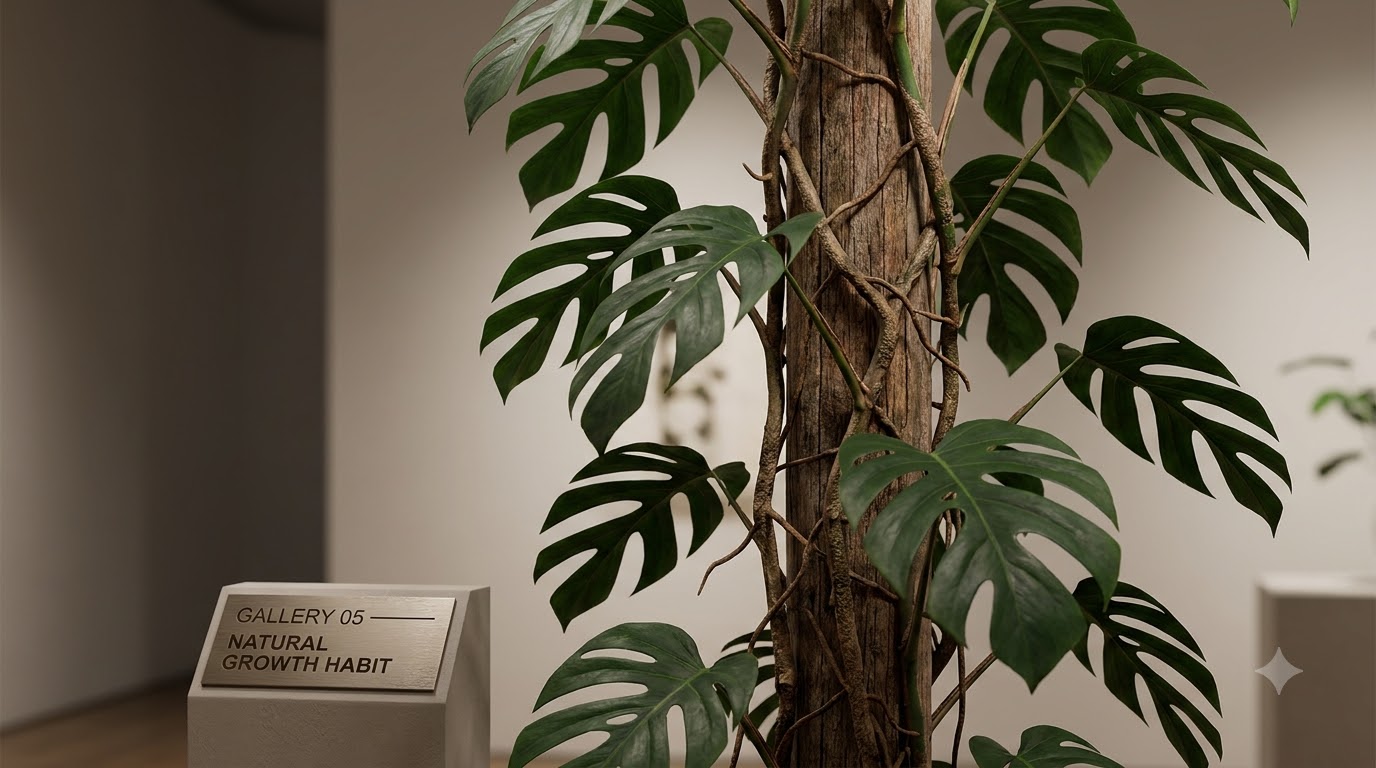 Monstera plant with split leaves climbing a wooden post in a gallery exhibit with a plaque reading Gallery 05 Natural Growth