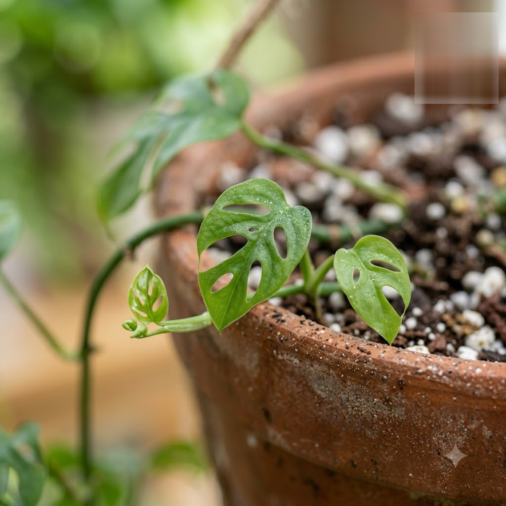 Monstera minima in a terracotta pot showing fenestrated green leaves and a new unfurling shoot.