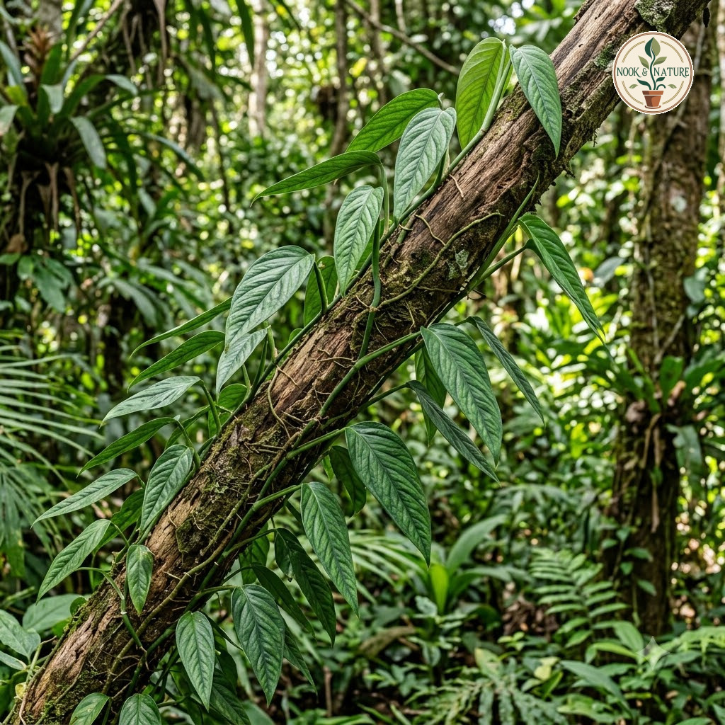 Monstera mittermeieri climbing a tree trunk in a tropical forest