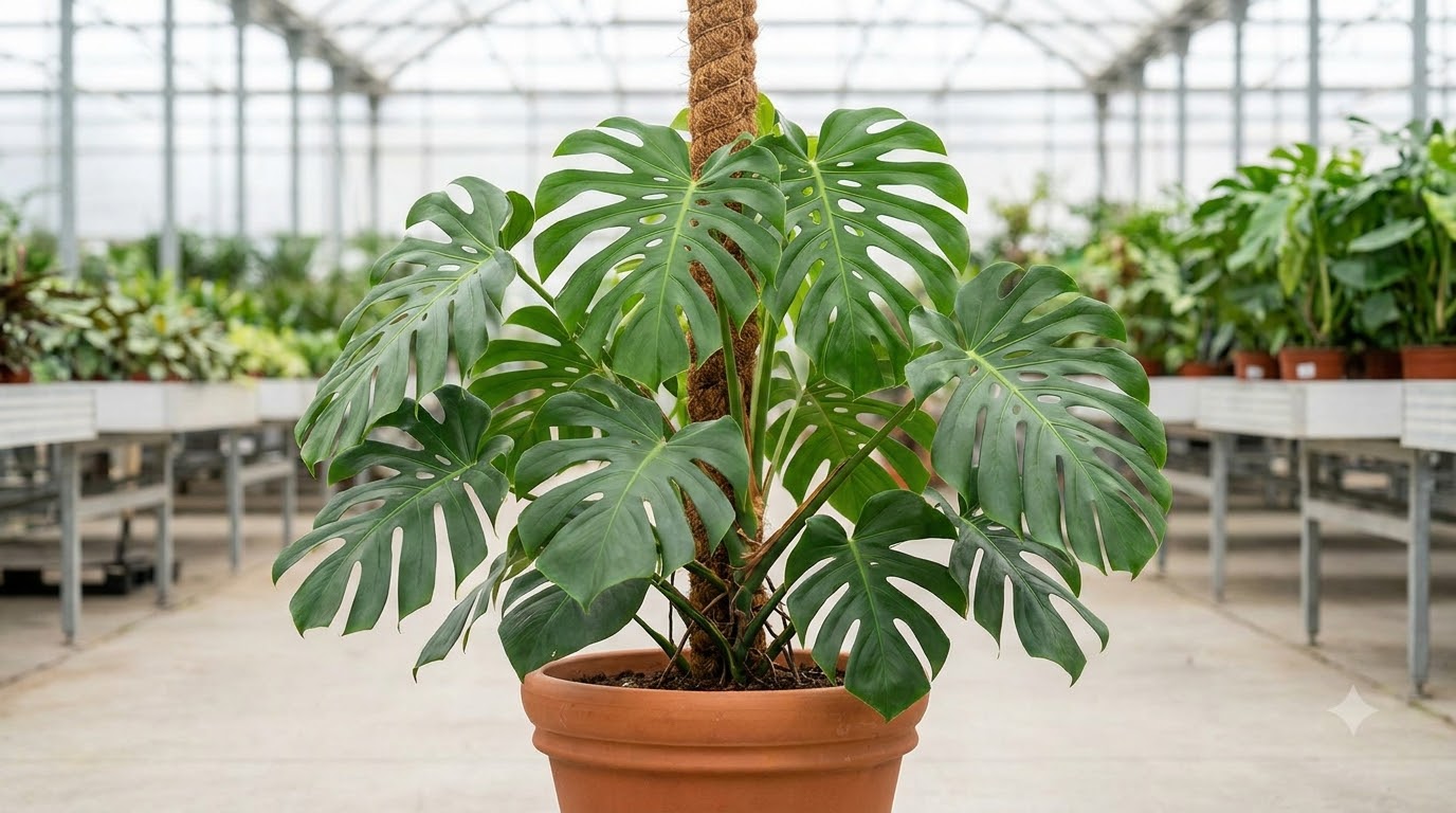 Monstera plant in a terracotta pot supported by a coir totem inside a greenhouse.