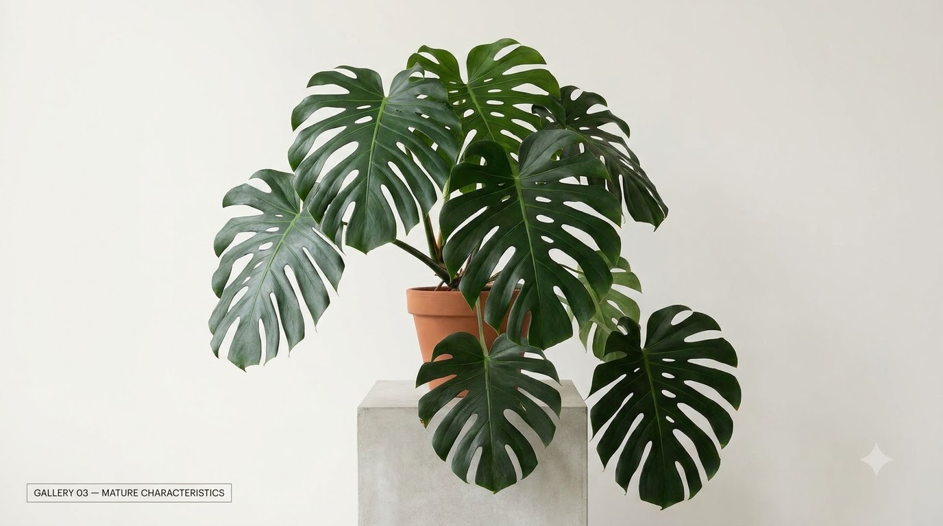 Lush Monstera plant with split leaves in a terracotta pot on a concrete stand against a plain wall.