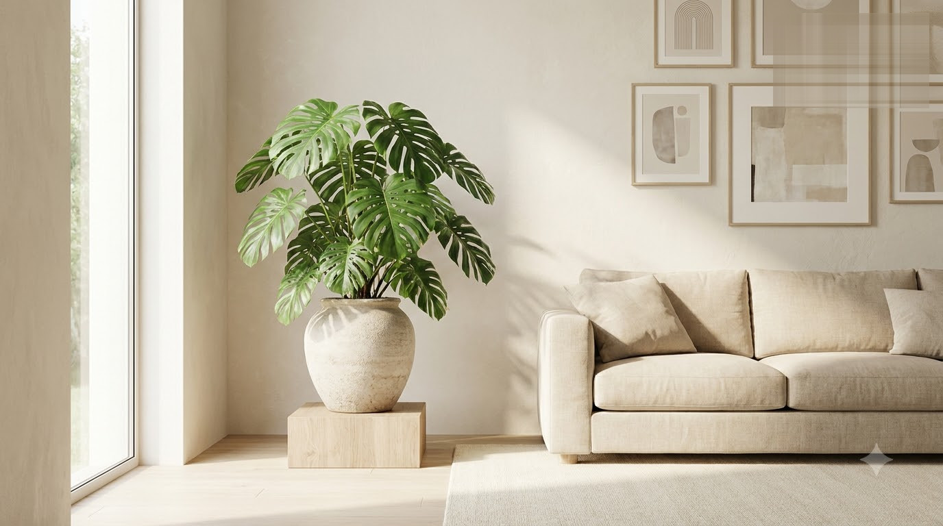 Large potted plant in a bright minimalist living room with a sofa and framed art.