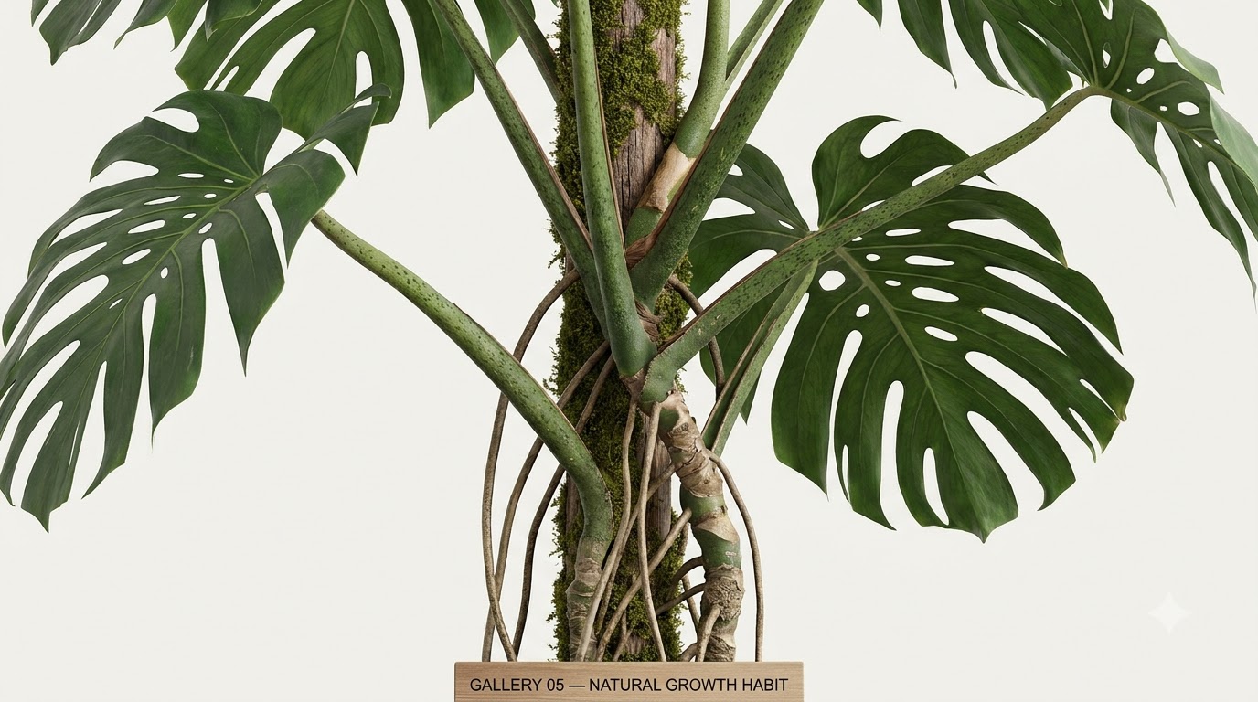 Monstera plant climbing a moss pole with aerial roots and large split leaves against a light background.