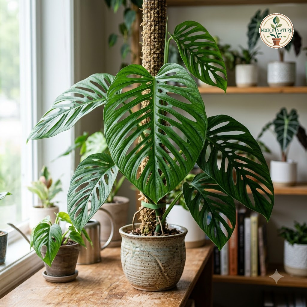 Potted Monstera ngabensis with fenestrated leaves climbing a moss pole on a wooden windowsill.