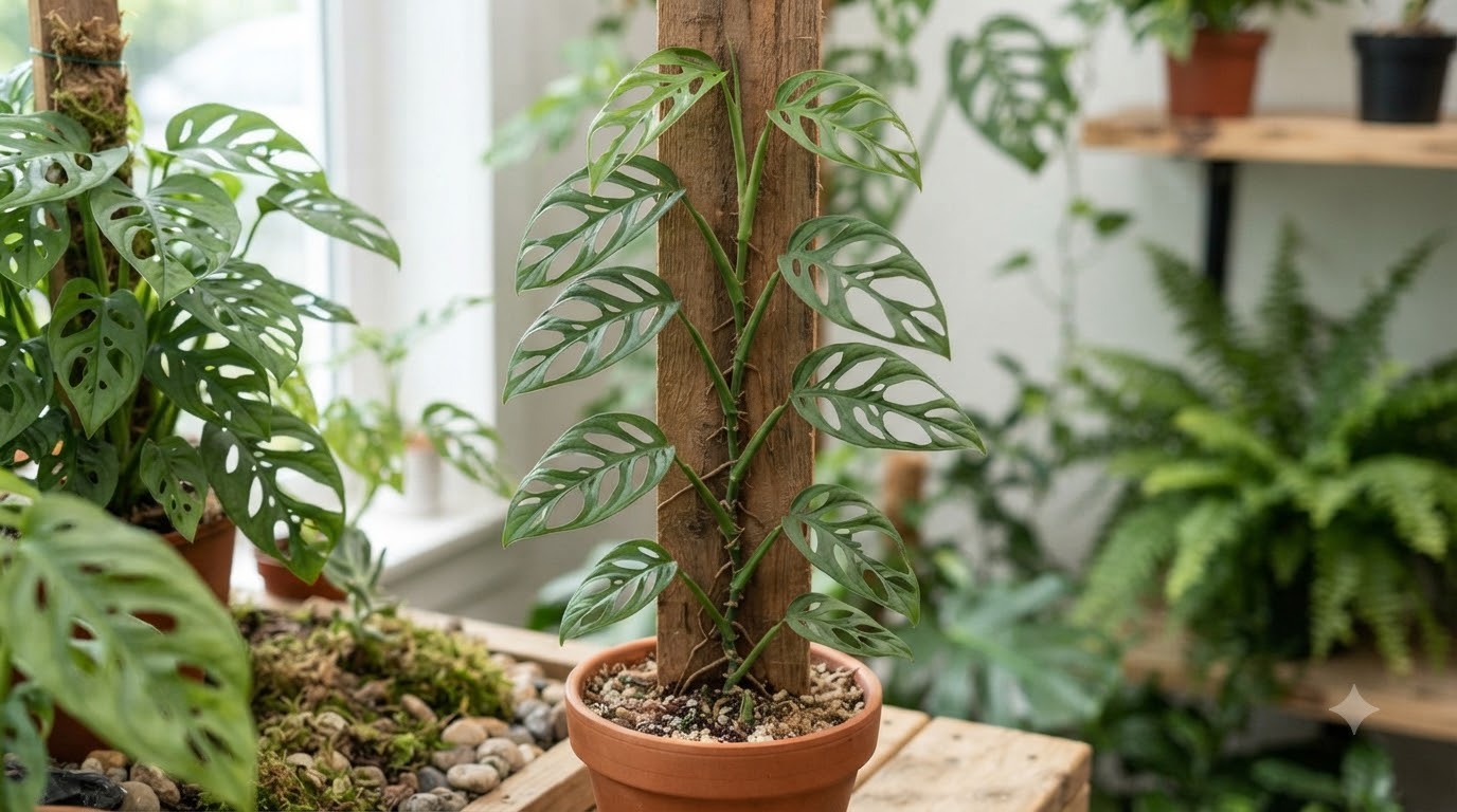 Monstera adansonii climbing a wooden plank in a terracotta pot with other houseplants in the background.