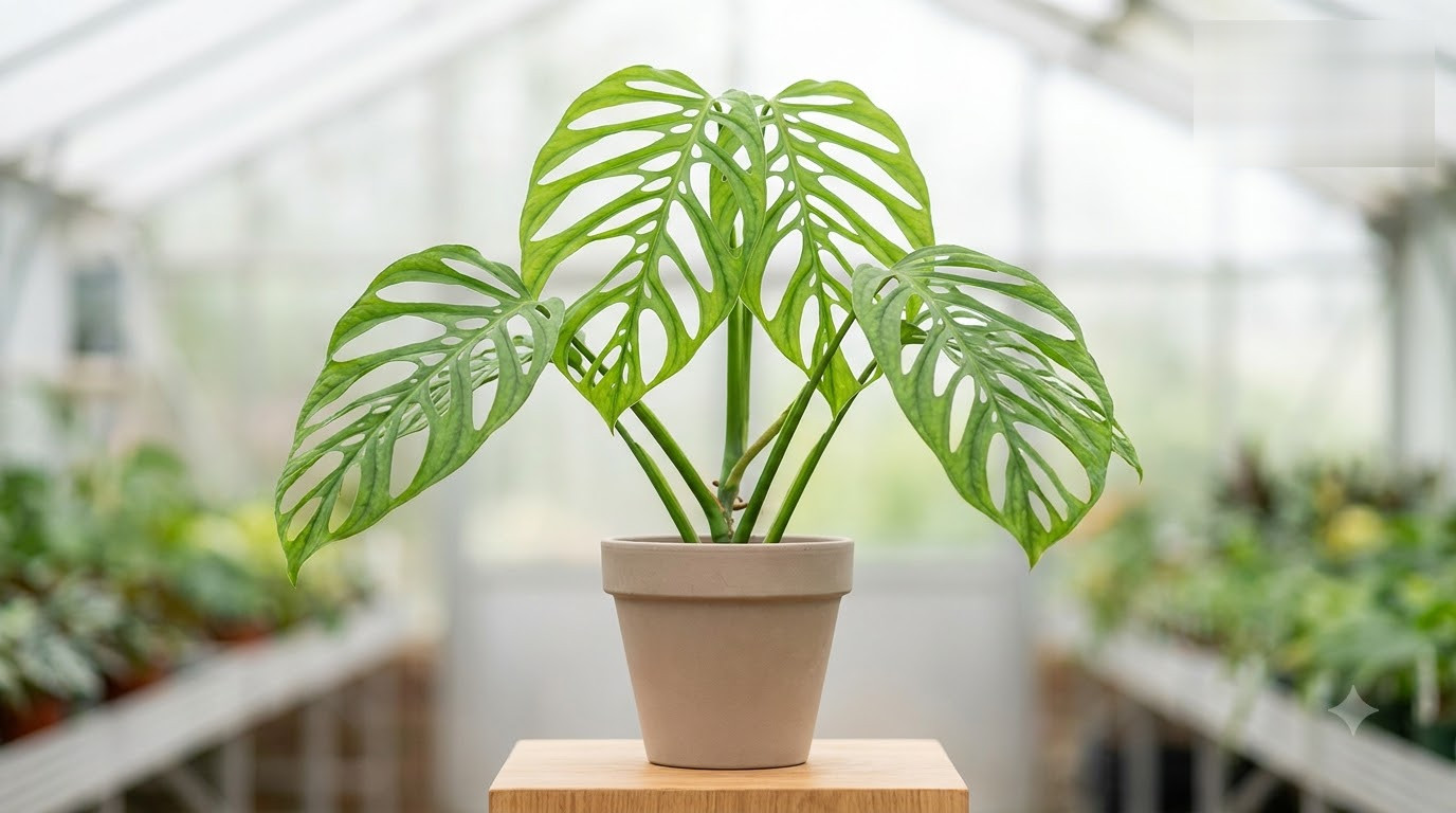 Monstera plant with fenestrated leaves in a potted container inside a greenhouse.