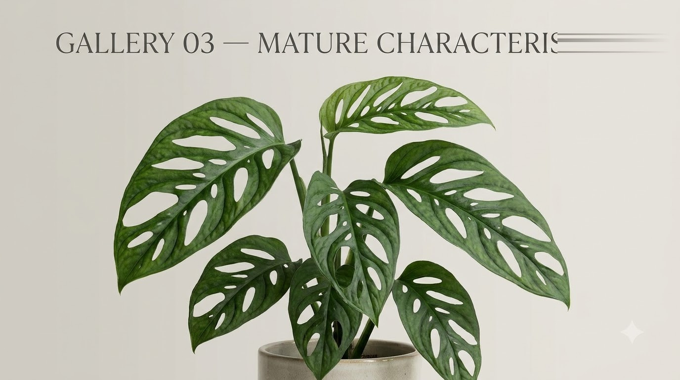 Potted Monstera plant with mature leaves featuring characteristic fenestrations and text reading GALLERY 03 — MATURE