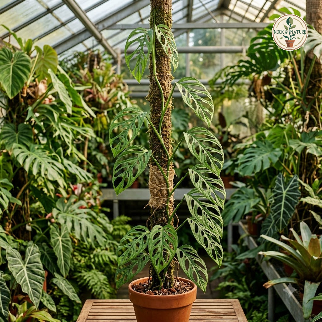 Monstera obliqua climbing a moss pole in a greenhouse.