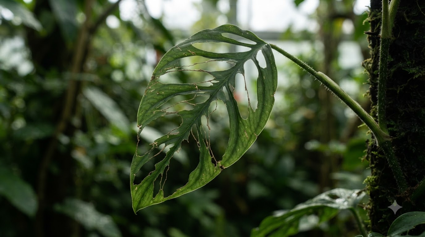 Close-up of a damaged green leaf with natural fenestrations and tears hanging from a stem against a blurry background.
