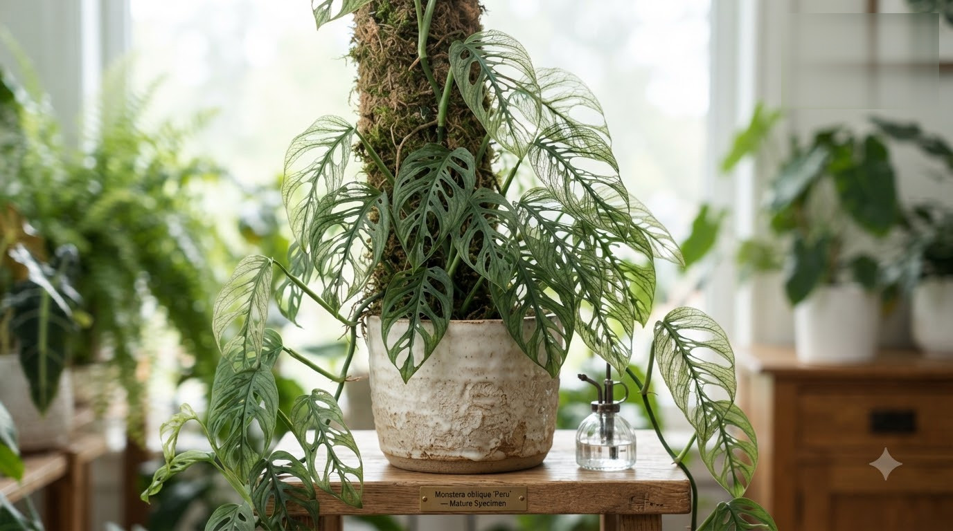 Monstera plant with fenestrated leaves climbing a moss pole in a ceramic pot.