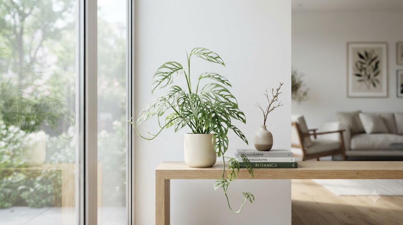 Monstera plant in a ceramic pot on a wooden console table next to a window