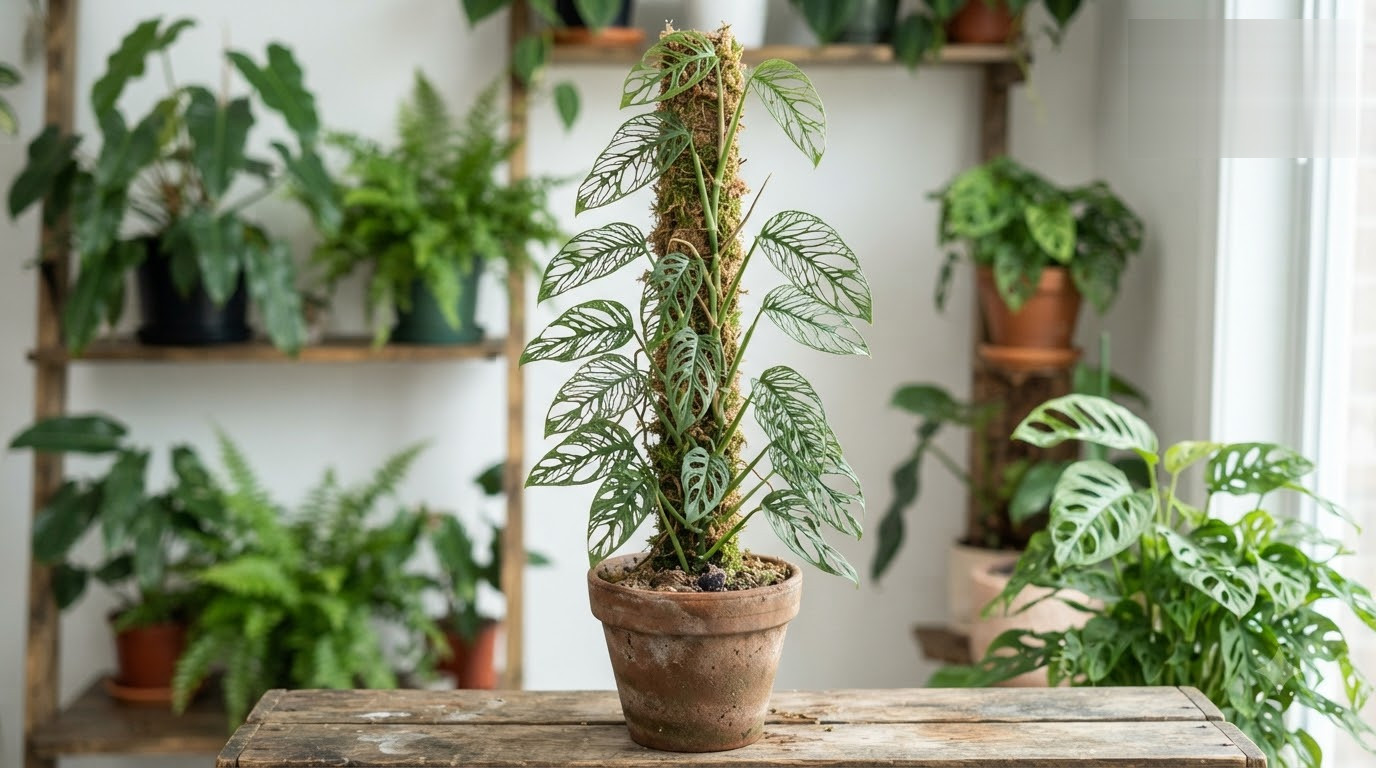 Monstera adansonii climbing a moss pole in a terracotta pot on a wooden surface with other plants in the background.